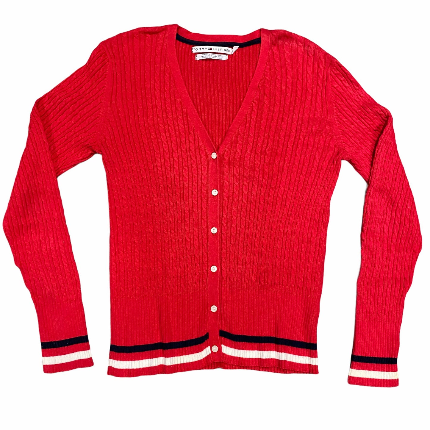 Vintage Tommy Hilfiger L Red Cardigan Sweater VNeck Ribbed Preppy White Blue Hem