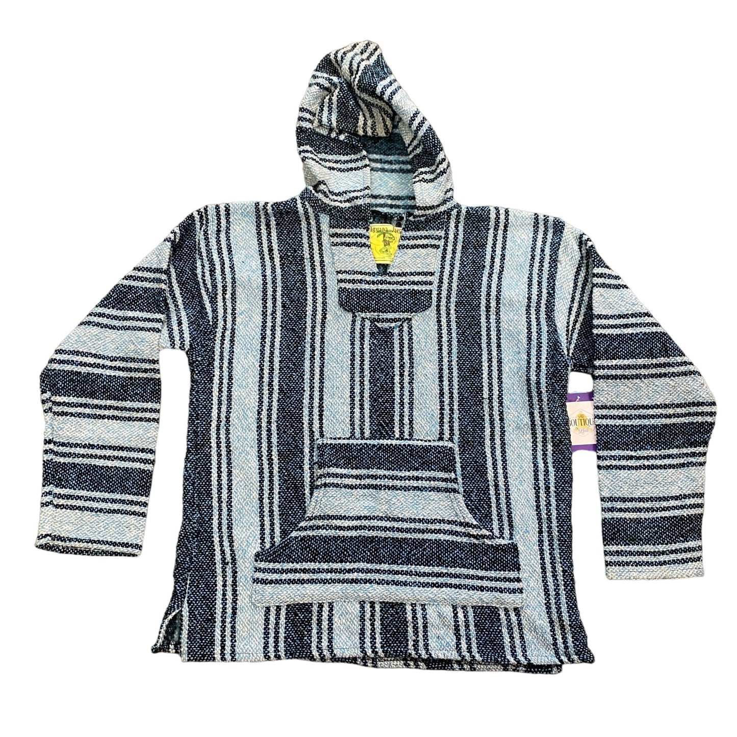 Iguana Jack Womens L Mexican Baja Pullover Hoodie Kangaroo Pocket Blue Striped