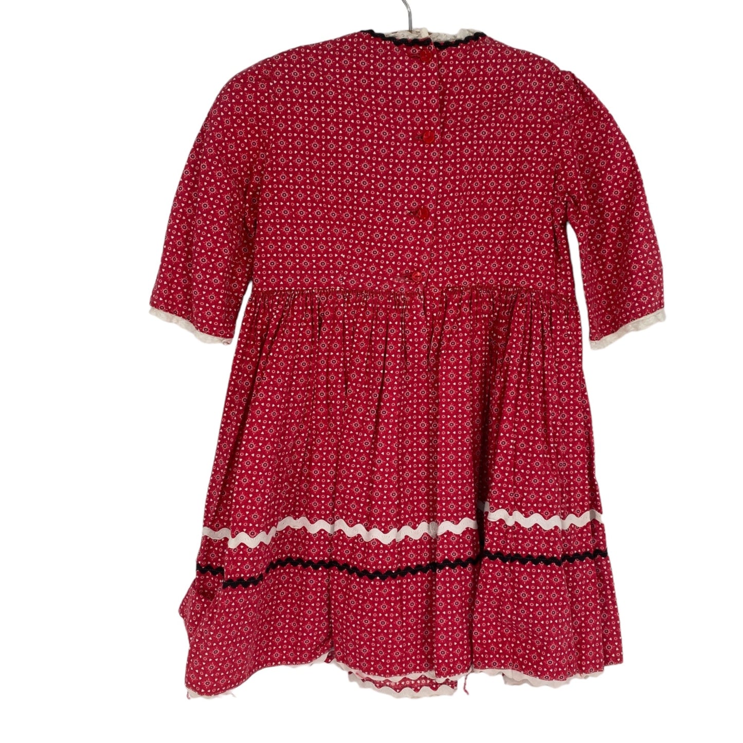 Vintage 1950s Handmade 6 Girls Dress Red Print Ric Rac Lace Trim Button Back