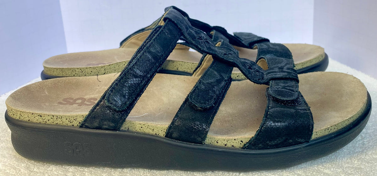 Sas Naples Slide Sandal Black Leather Strap Size 8.5