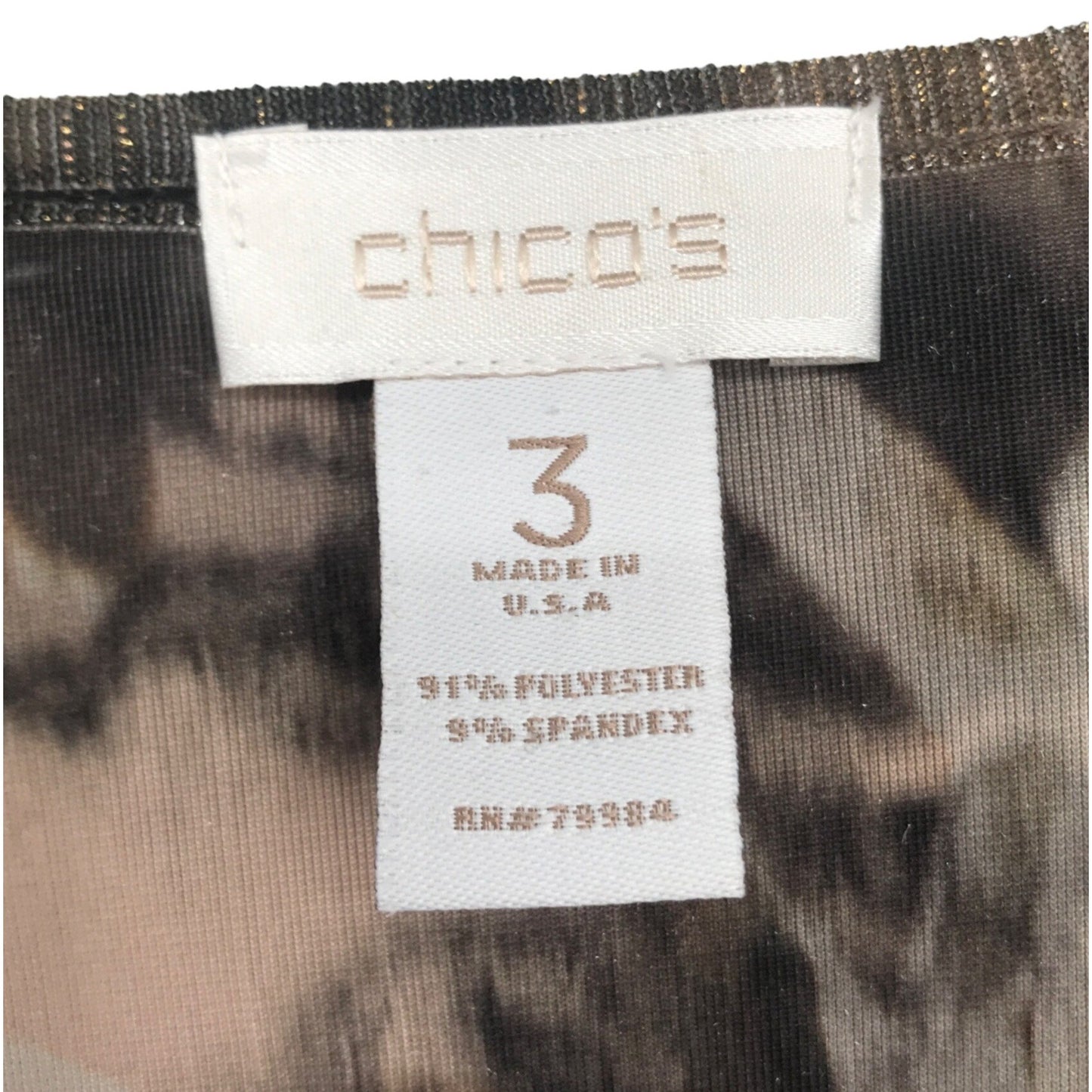 CHICOS Womens 3 Brown Tunic Top Abstract Velvet Scoop Neck Metallic Sheer Hem