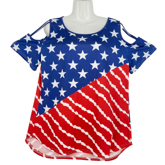 Patriotic Womens 2XL American Flag Cold Shoulder Top Red White Blue Quick Dry