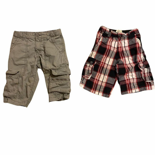 Old Navy & Faded Glory Boys 10 Adjustable Waist Cargo Shorts Gray Red Blue Plaid