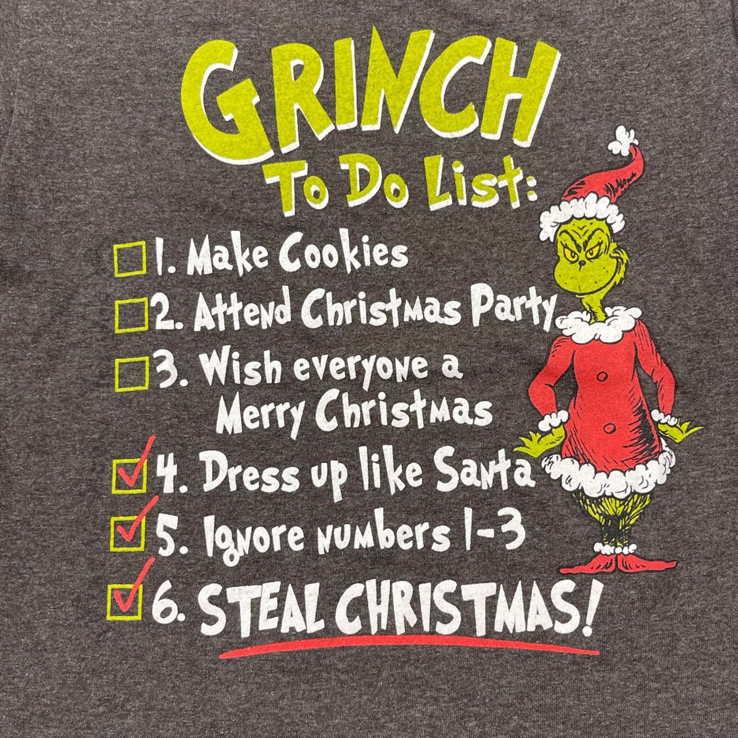 Dr. Suess, Youth XL Gray Grinch To Do List TShirt Graphic Print Short Sleeve