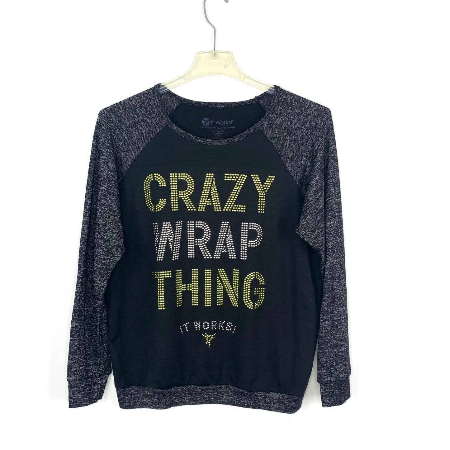 It Works! Distributor Shirt Womens L Crazy Wrap Thing Black Gray Long Sleeve