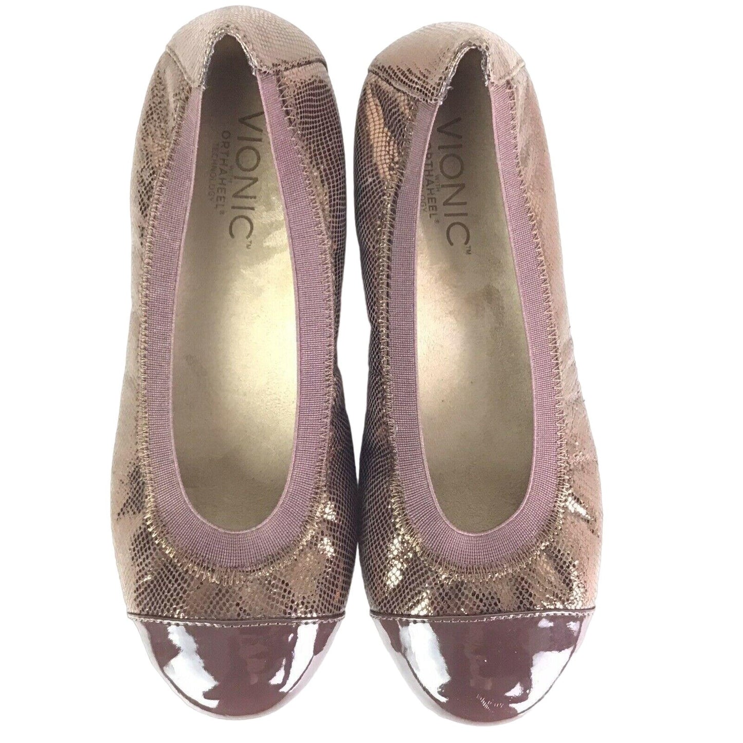 Vionic Womens 6 Allora Brown Ballet Flats Metallic Comfort Orthoheel Footbed