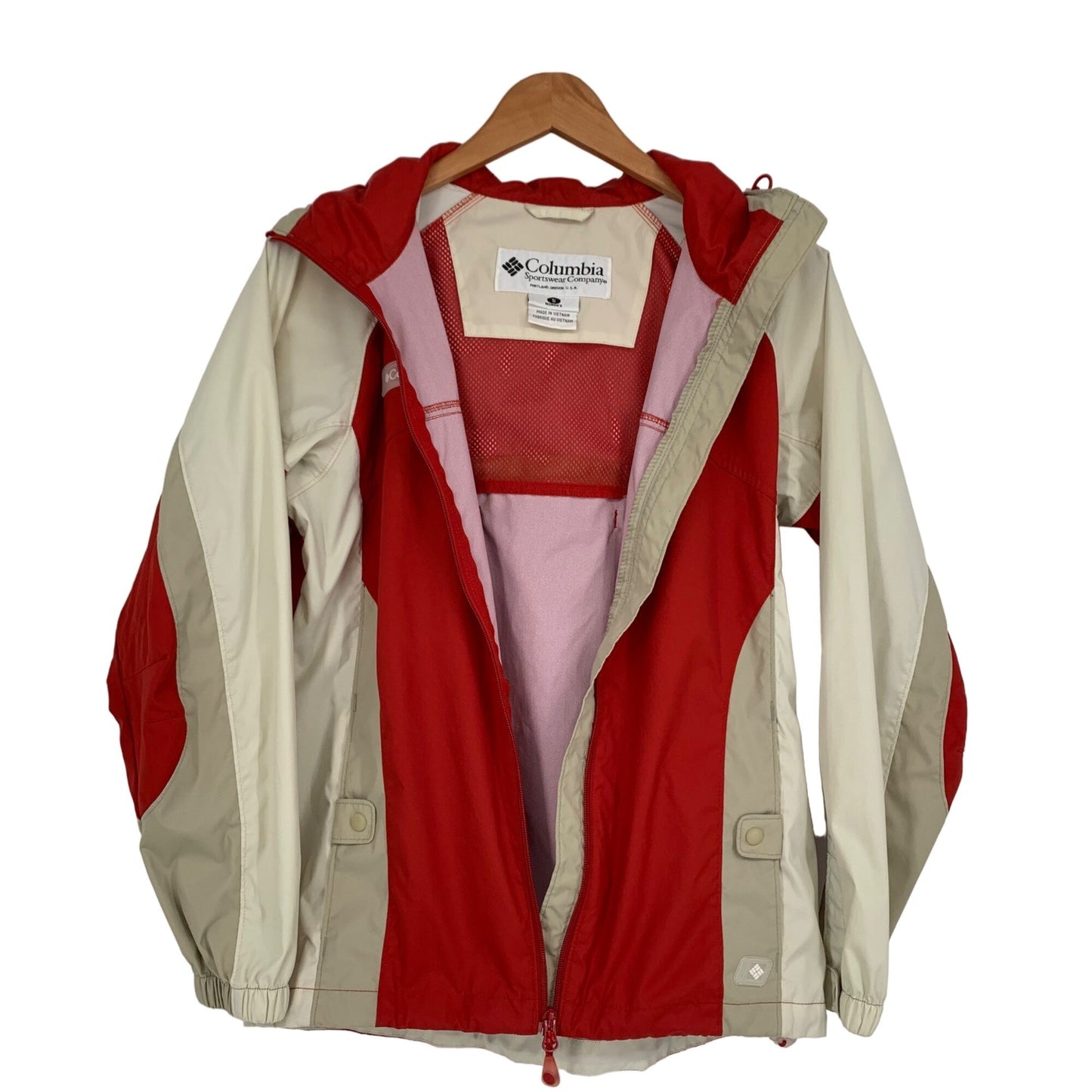 Columbia Packable Rain Jacket Windbreaker Hooded Full Zip Womans S Red Tan