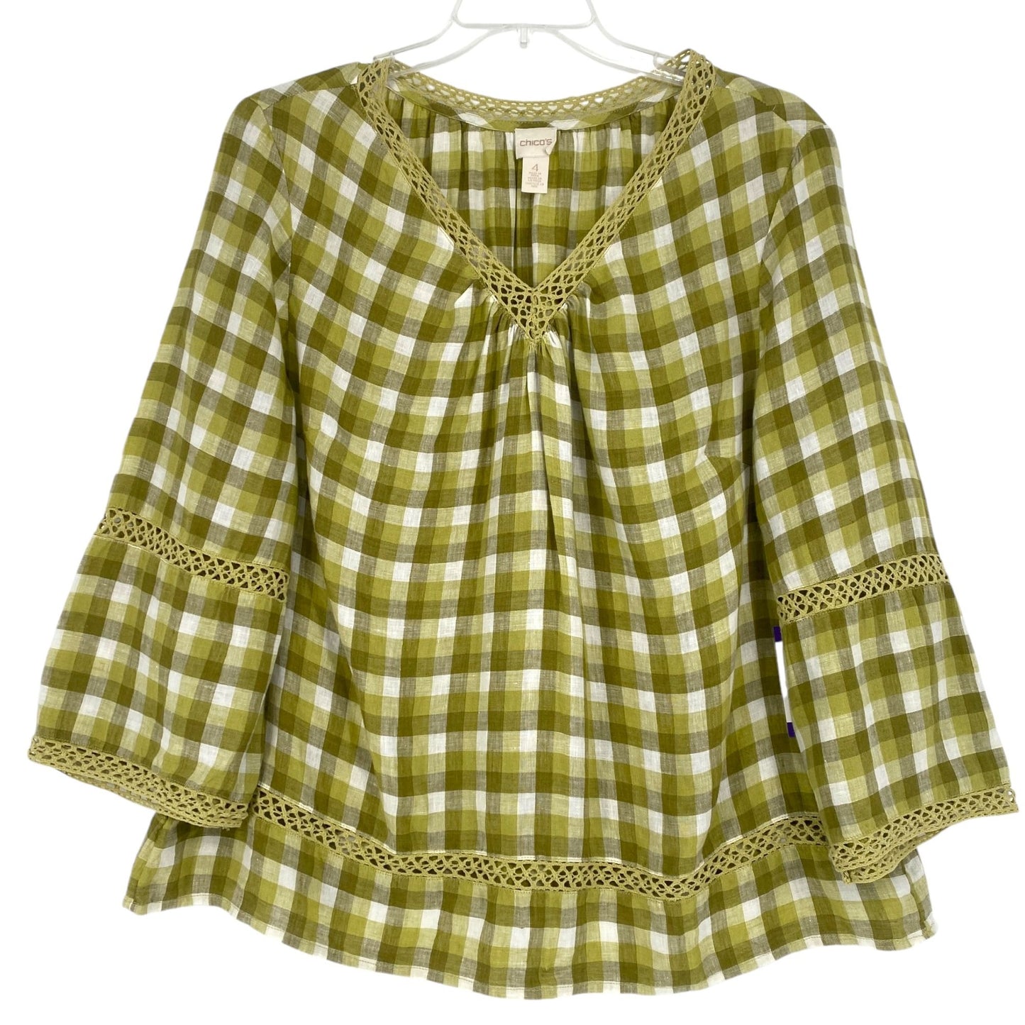 Chicos XXL Green Gingham Linen Blouse Vneck Bell Sleeves Crochet Peasant Top