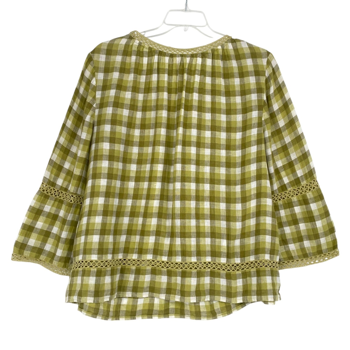 Chicos XXL Green Gingham Linen Blouse Vneck Bell Sleeves Crochet Peasant Top