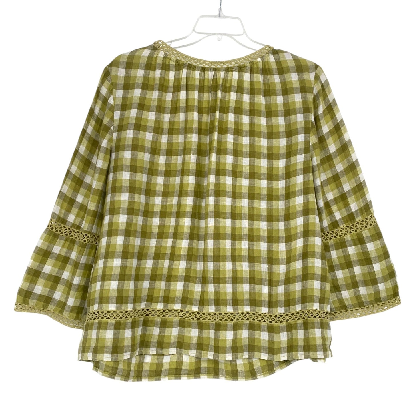 Chicos XXL Green Gingham Linen Blouse Vneck Bell Sleeves Crochet Peasant Top