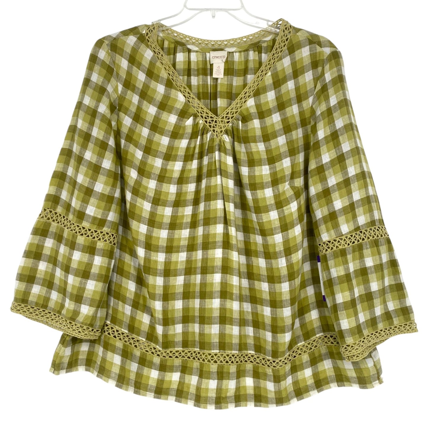 Chicos XXL Green Gingham Linen Blouse Vneck Bell Sleeves Crochet Peasant Top