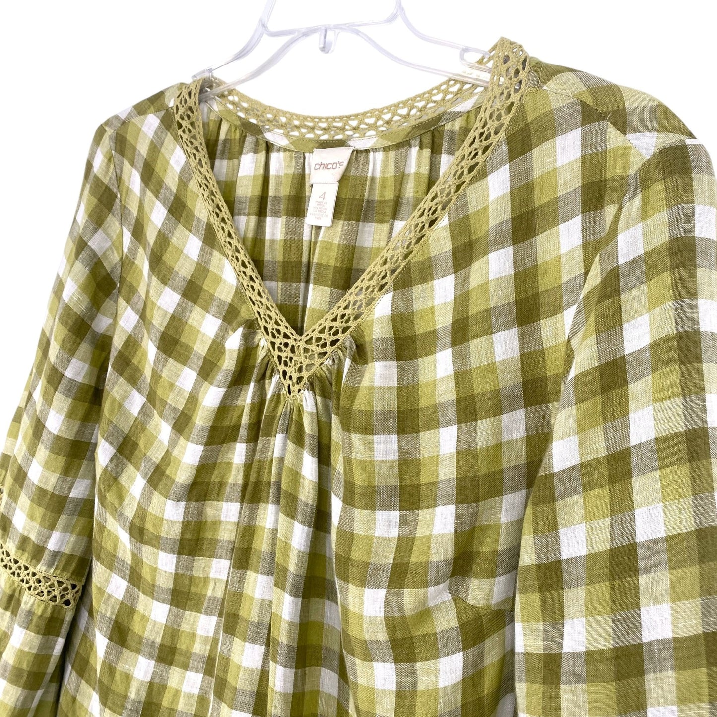 Chicos XXL Green Gingham Linen Blouse Vneck Bell Sleeves Crochet Peasant Top