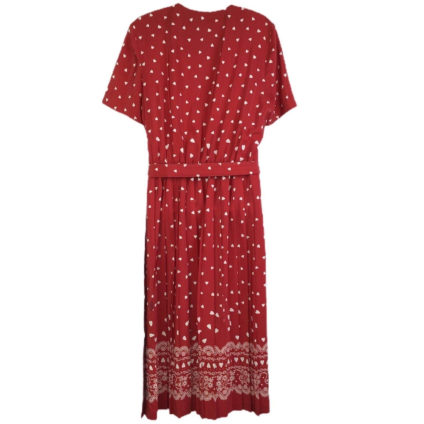 Vtg Leslie Fay Dresses Heart Print Midi Dress 14 Belted Short Sleeve Red 80s