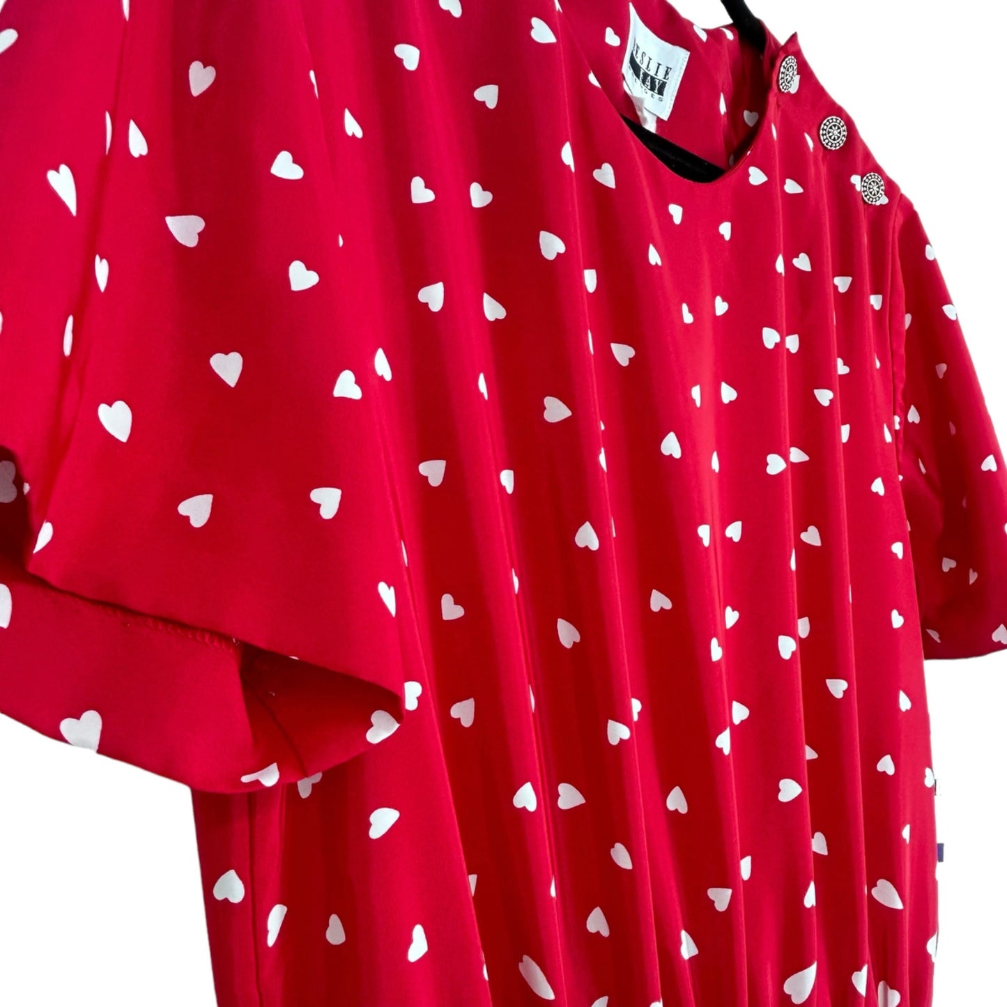 Vtg Leslie Fay Dresses Heart Print Midi Dress 14 Belted Short Sleeve Red 80s