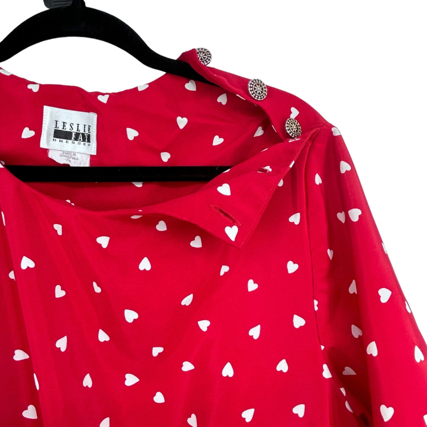 Vtg Leslie Fay Dresses Heart Print Midi Dress 14 Belted Short Sleeve Red 80s