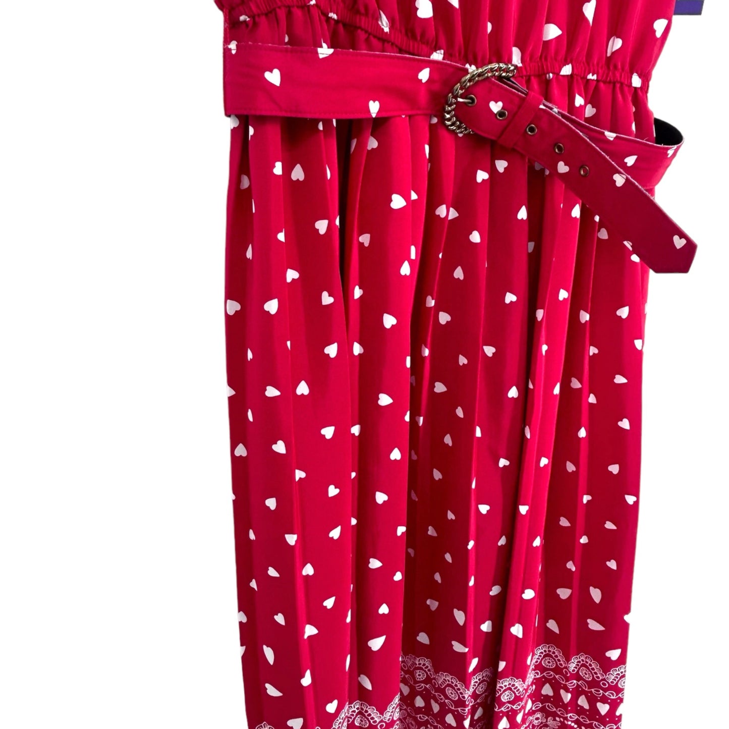 Vtg Leslie Fay Dresses Heart Print Midi Dress 14 Belted Short Sleeve Red 80s