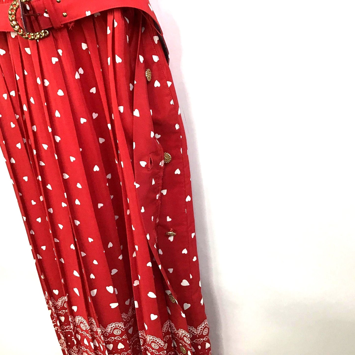 Vtg Leslie Fay Dresses Heart Print Midi Dress 14 Belted Short Sleeve Red 80s