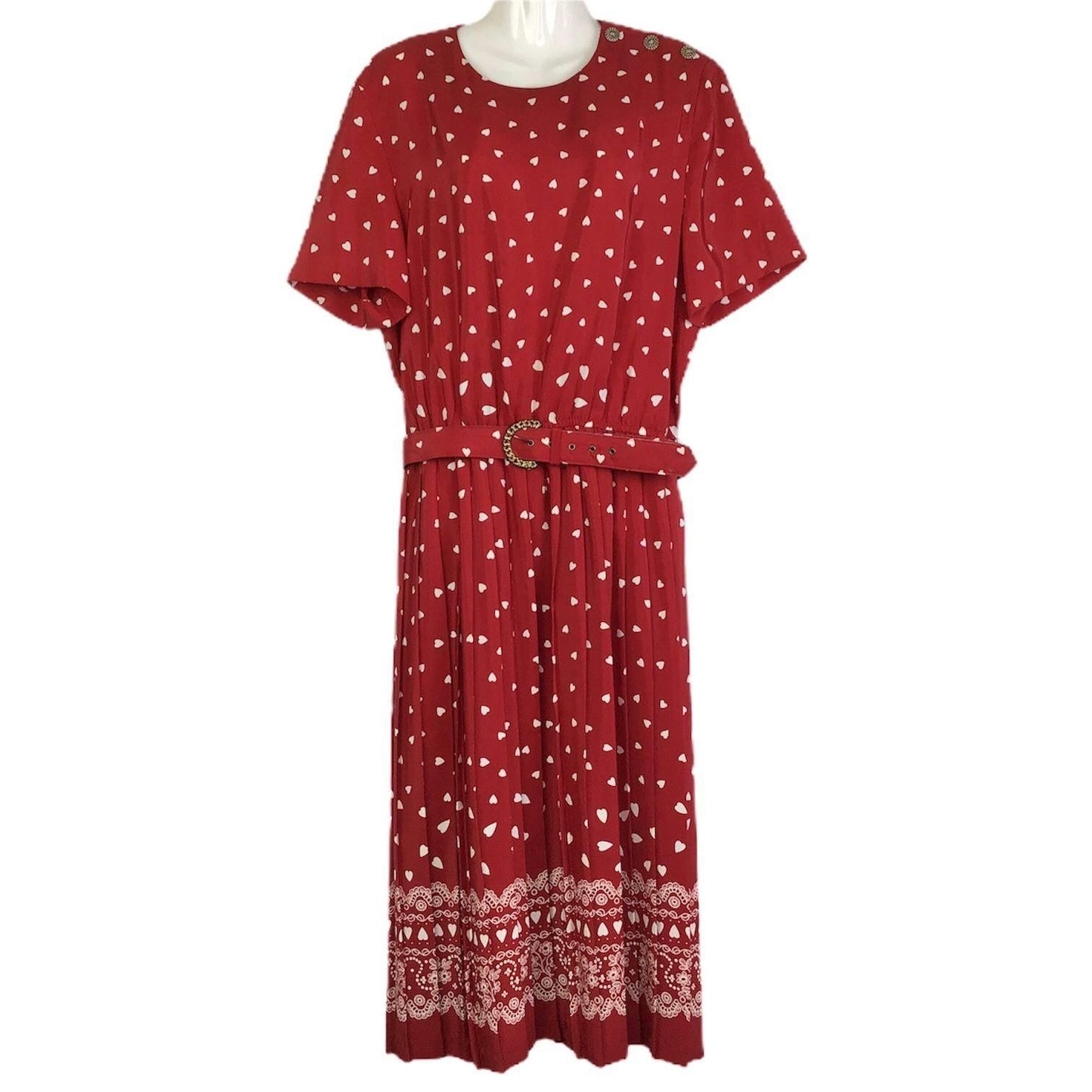 Vtg Leslie Fay Dresses Heart Print Midi Dress 14 Belted Short Sleeve Red 80s