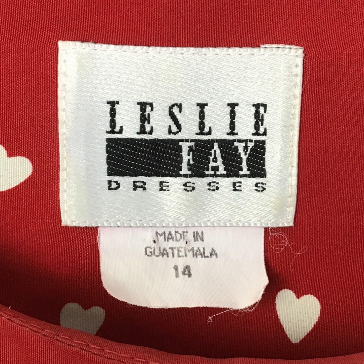 Vtg Leslie Fay Dresses Heart Print Midi Dress 14 Belted Short Sleeve Red 80s