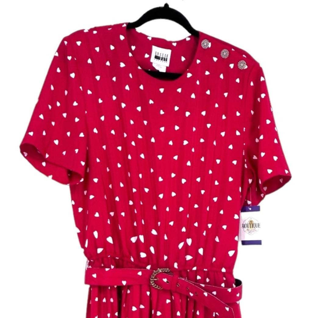 Vtg Leslie Fay Dresses Heart Print Midi Dress 14 Belted Short Sleeve Red 80s