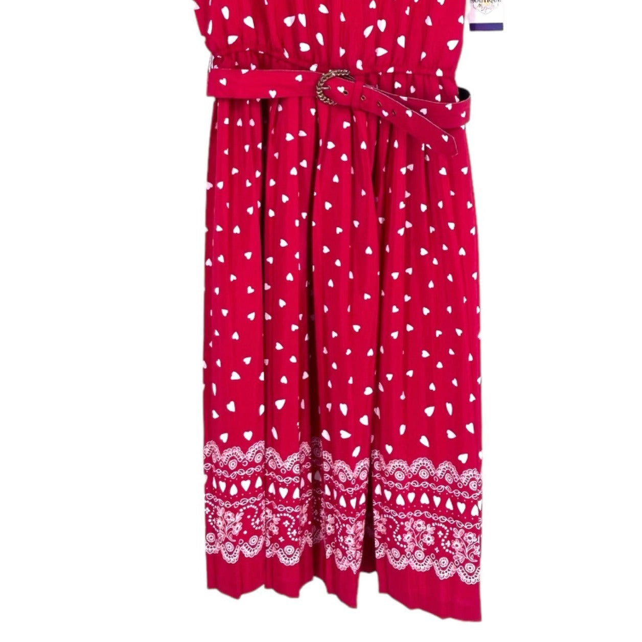 Vtg Leslie Fay Dresses Heart Print Midi Dress 14 Belted Short Sleeve Red 80s