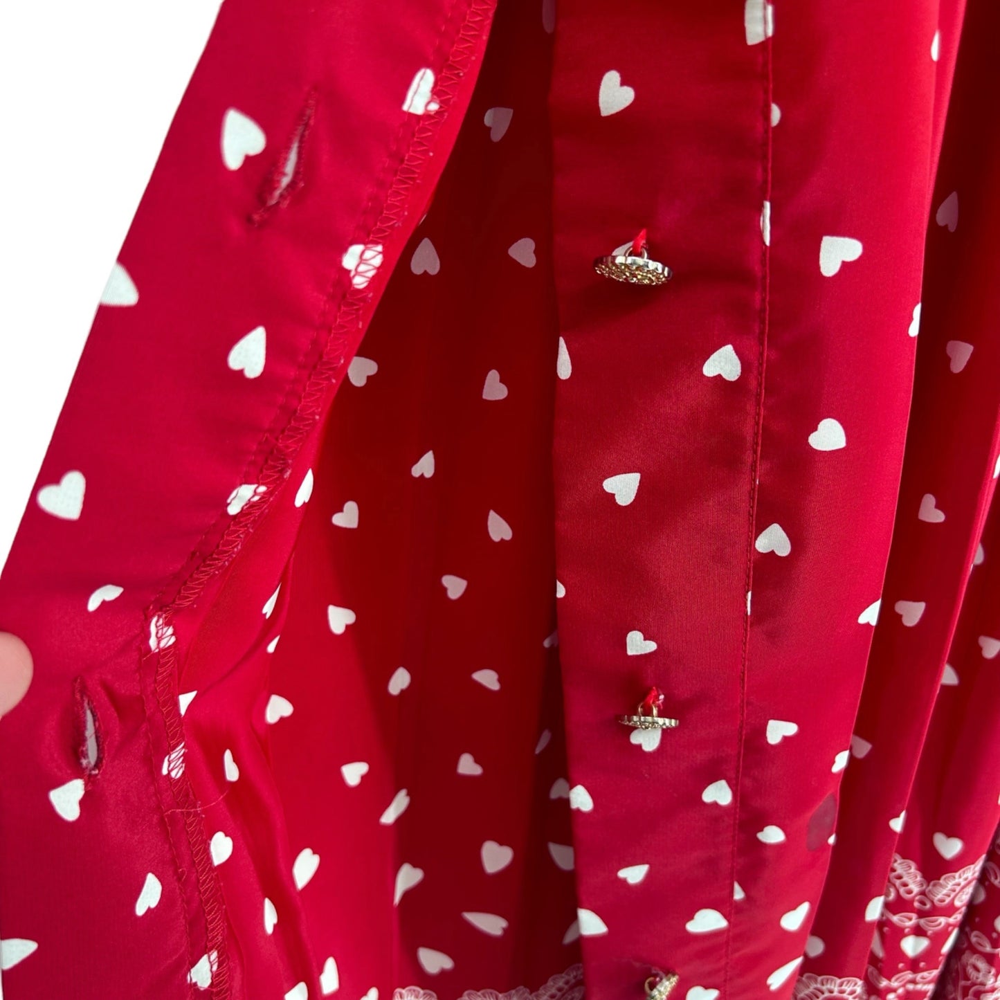 Vtg Leslie Fay Dresses Heart Print Midi Dress 14 Belted Short Sleeve Red 80s