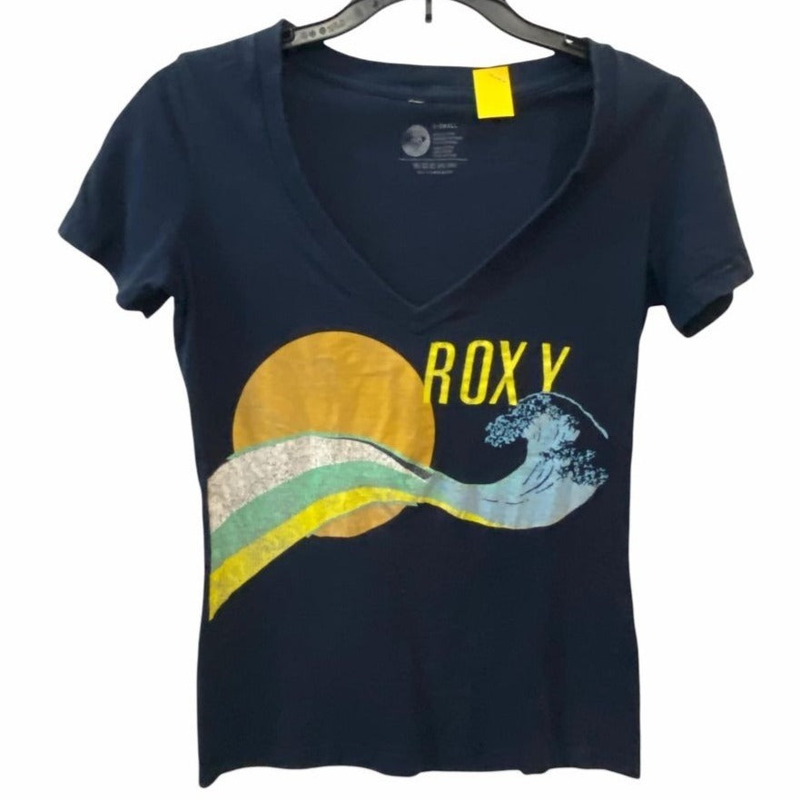 Roxy XS Blue Tshirt Sun Wave Beach Surf Graphic Print Short Sleeve Vneck Casual