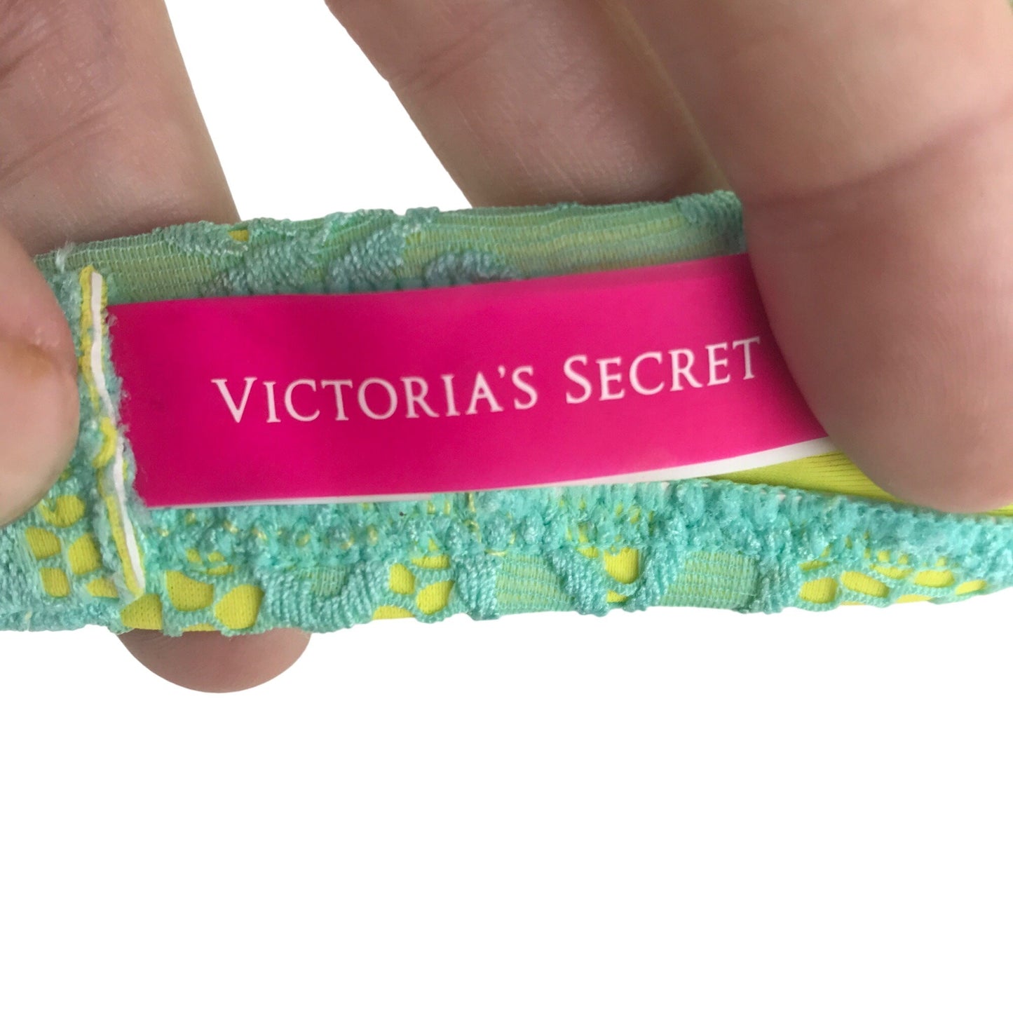 Victoria Secret 34B Teal Yellow Lace Bikini Swim Top Push Up Halter Neck Tie