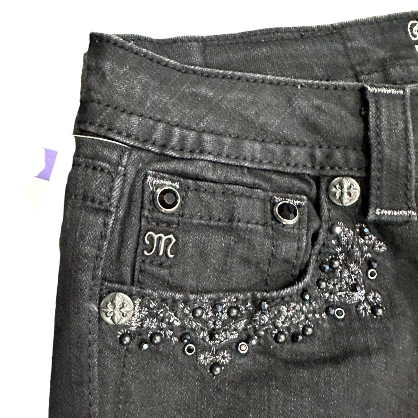 Miss Me 28 Black Signature Cuffed Skinny Jeans Embroidered Beaded Studs Bling