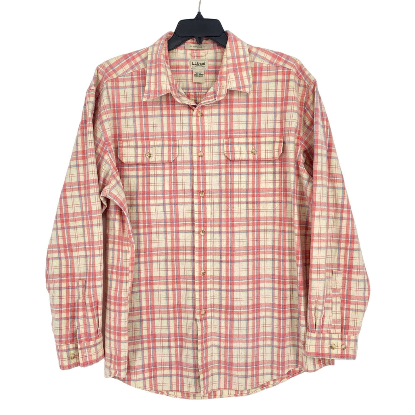 LL Bean Mens XL Plaid Shirt Button Front Pink Blue Beige Long Sleeve Pockets