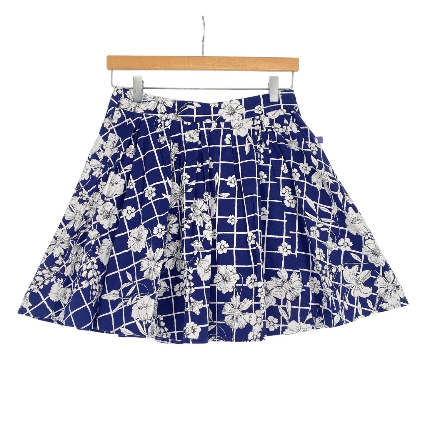 Express 6 Windowpane Floral Skirt Blue White Pleated Pockets Stretch Side Zip