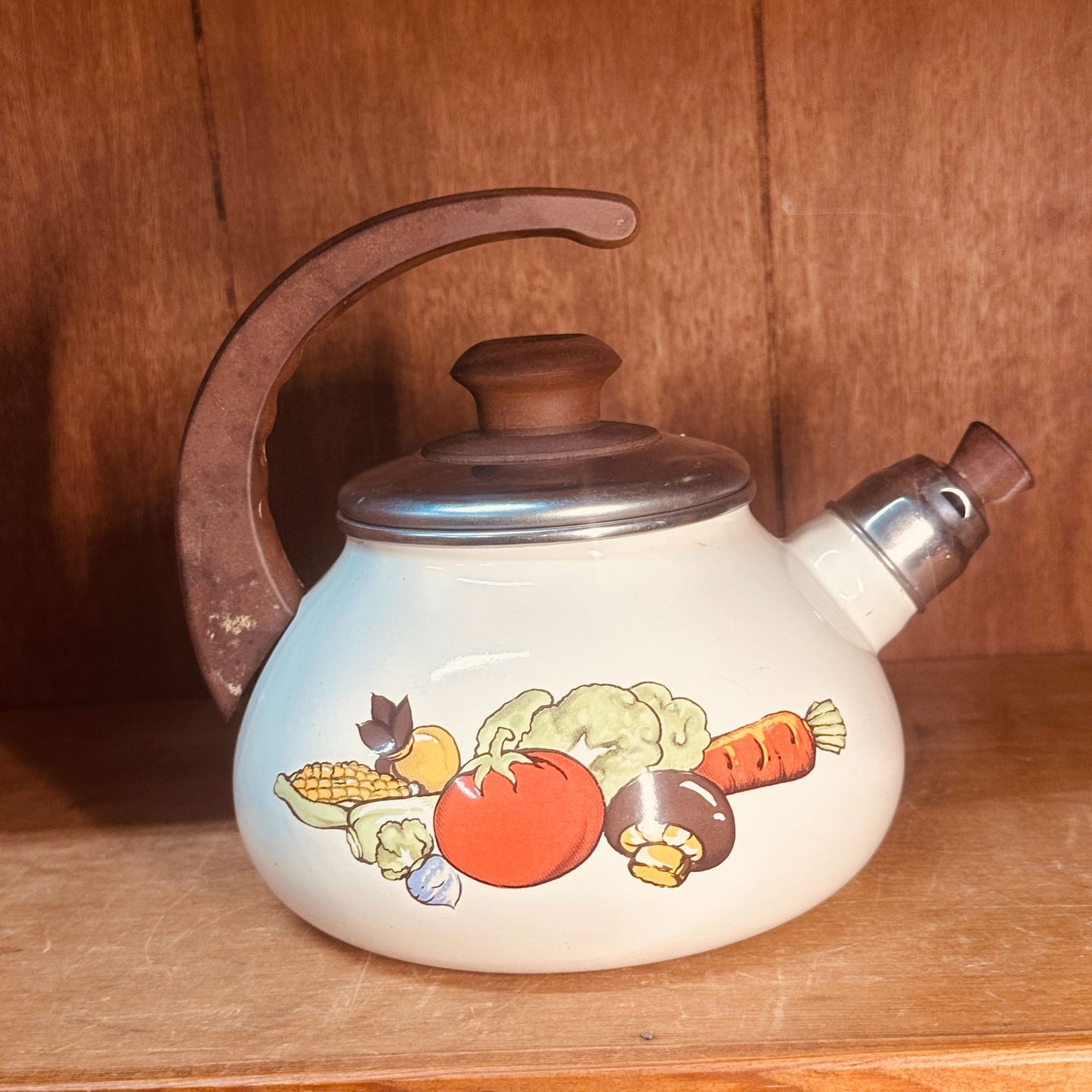 Sears Enamel Tea Kettle Vintage 70s Harvest Vegetable Whistling Tea Pot Retro
