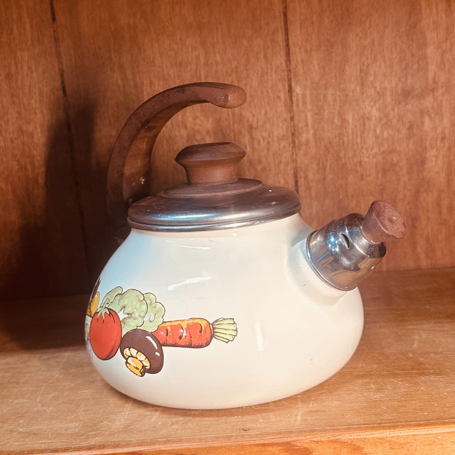 Sears Enamel Tea Kettle Vintage 70s Harvest Vegetable Whistling Tea Pot Retro