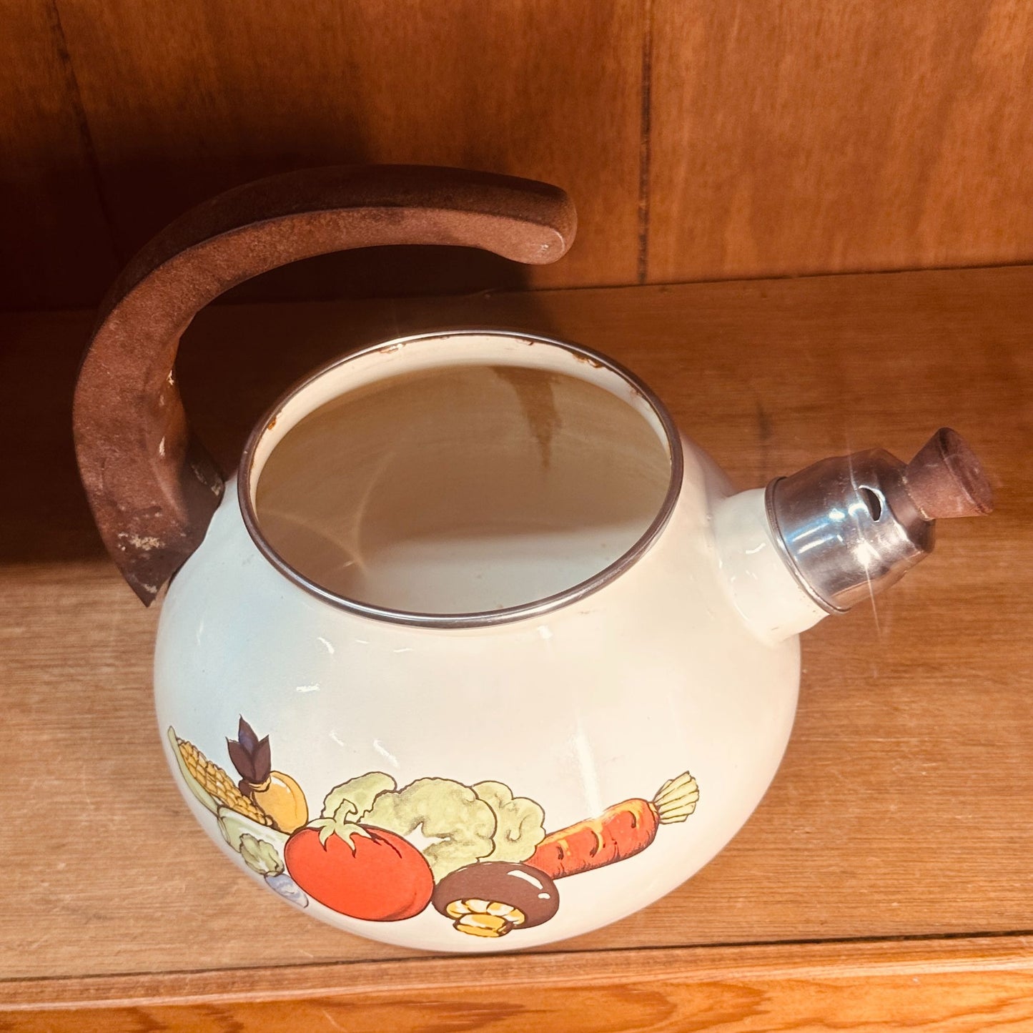 Sears Enamel Tea Kettle Vintage 70s Harvest Vegetable Whistling Tea Pot Retro