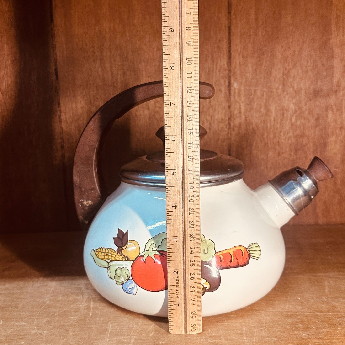Sears Enamel Tea Kettle Vintage 70s Harvest Vegetable Whistling Tea Pot Retro