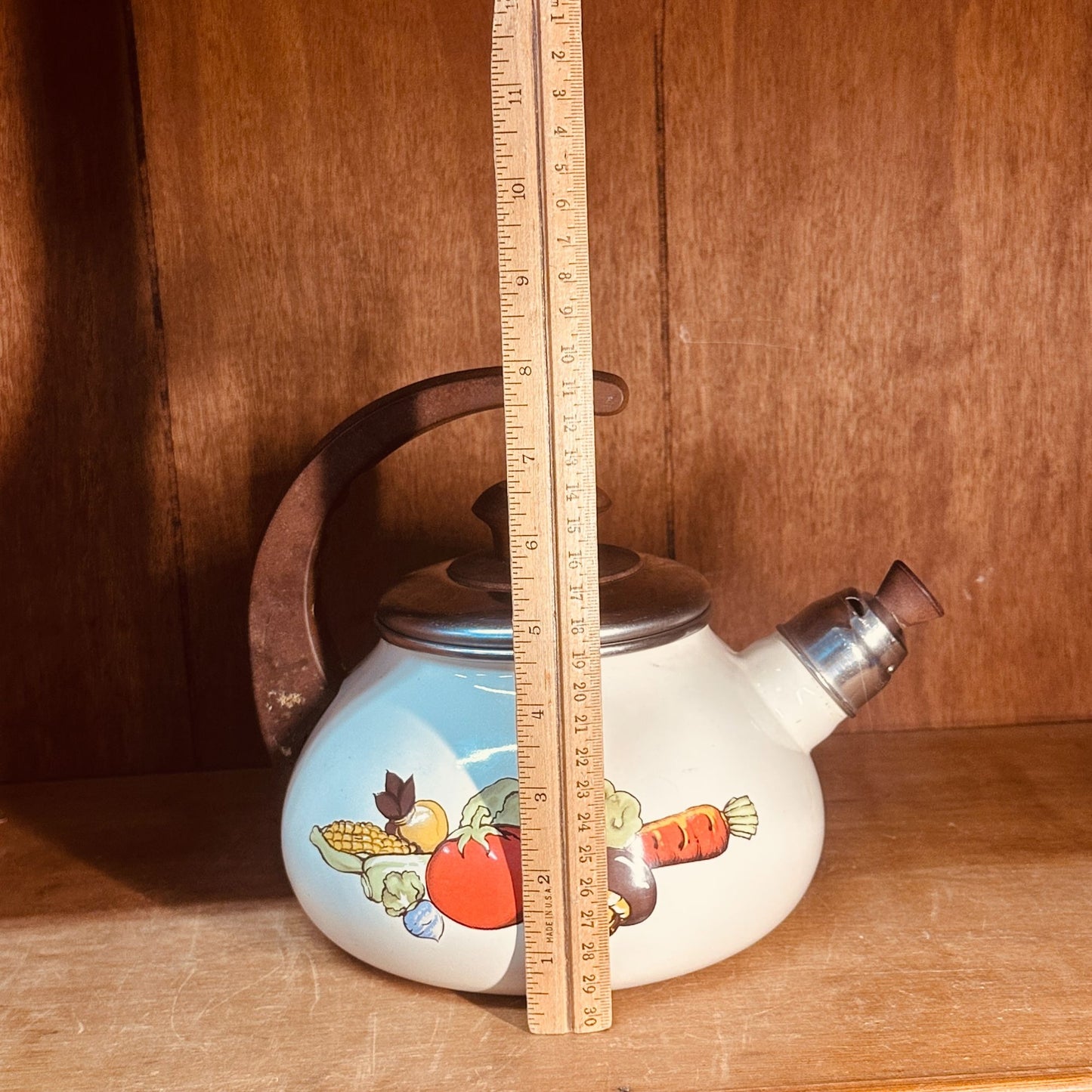 Sears Enamel Tea Kettle Vintage 70s Harvest Vegetable Whistling Tea Pot Retro