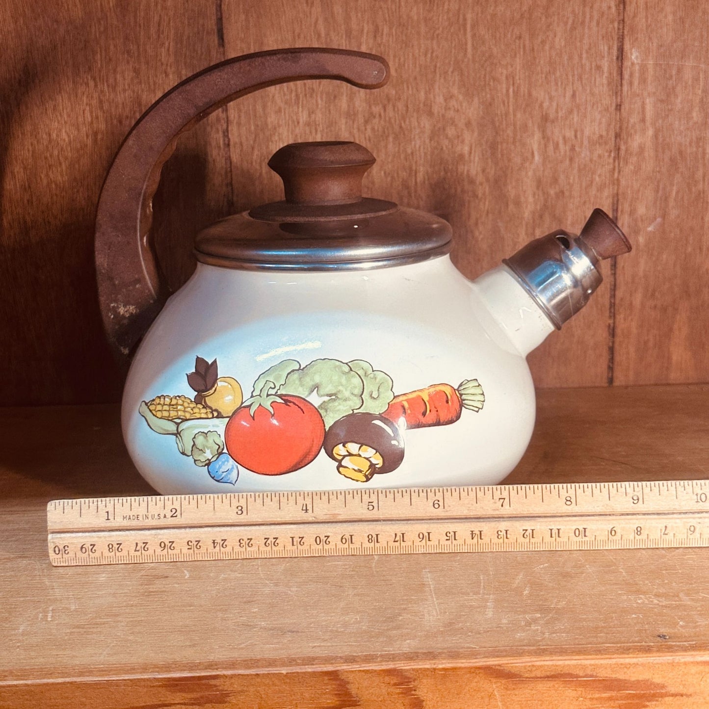 Sears Enamel Tea Kettle Vintage 70s Harvest Vegetable Whistling Tea Pot Retro