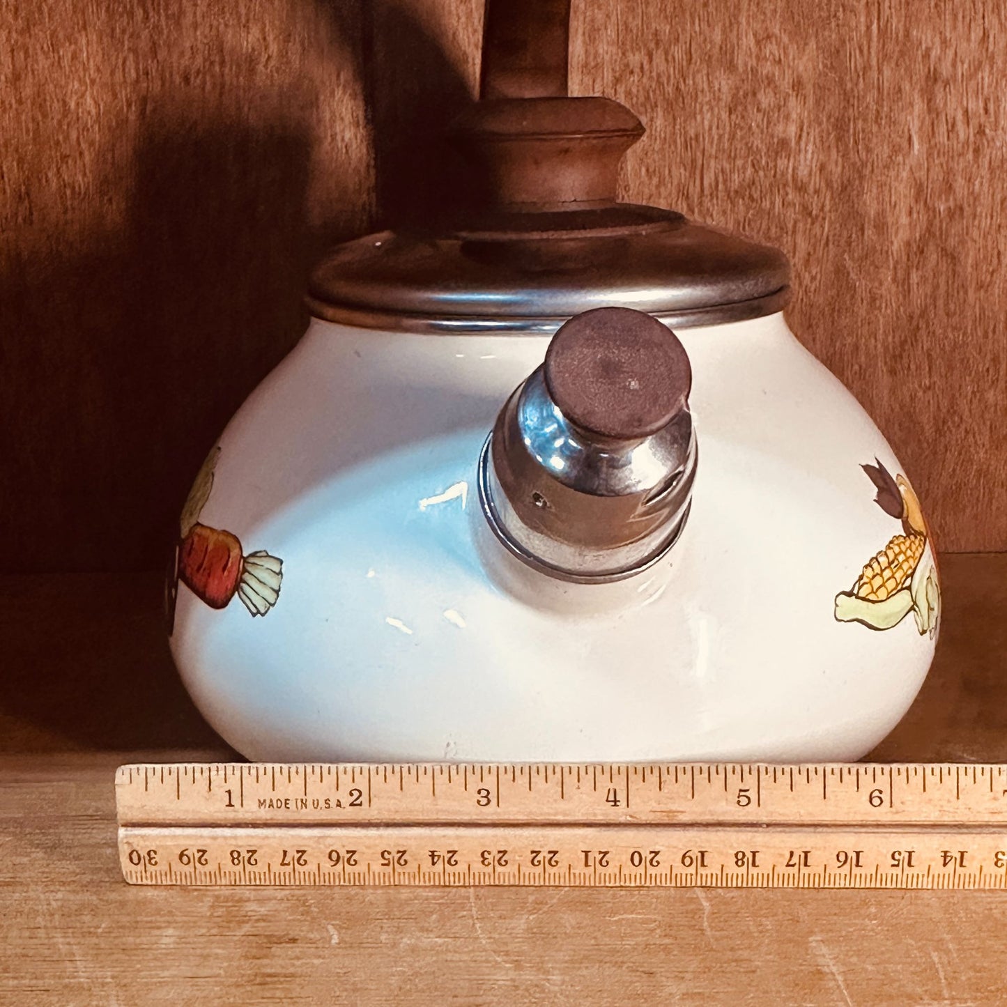 Sears Enamel Tea Kettle Vintage 70s Harvest Vegetable Whistling Tea Pot Retro