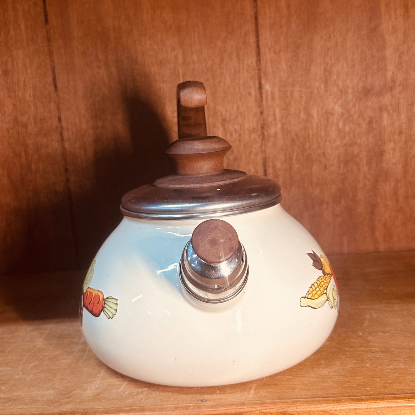 Sears Enamel Tea Kettle Vintage 70s Harvest Vegetable Whistling Tea Pot Retro
