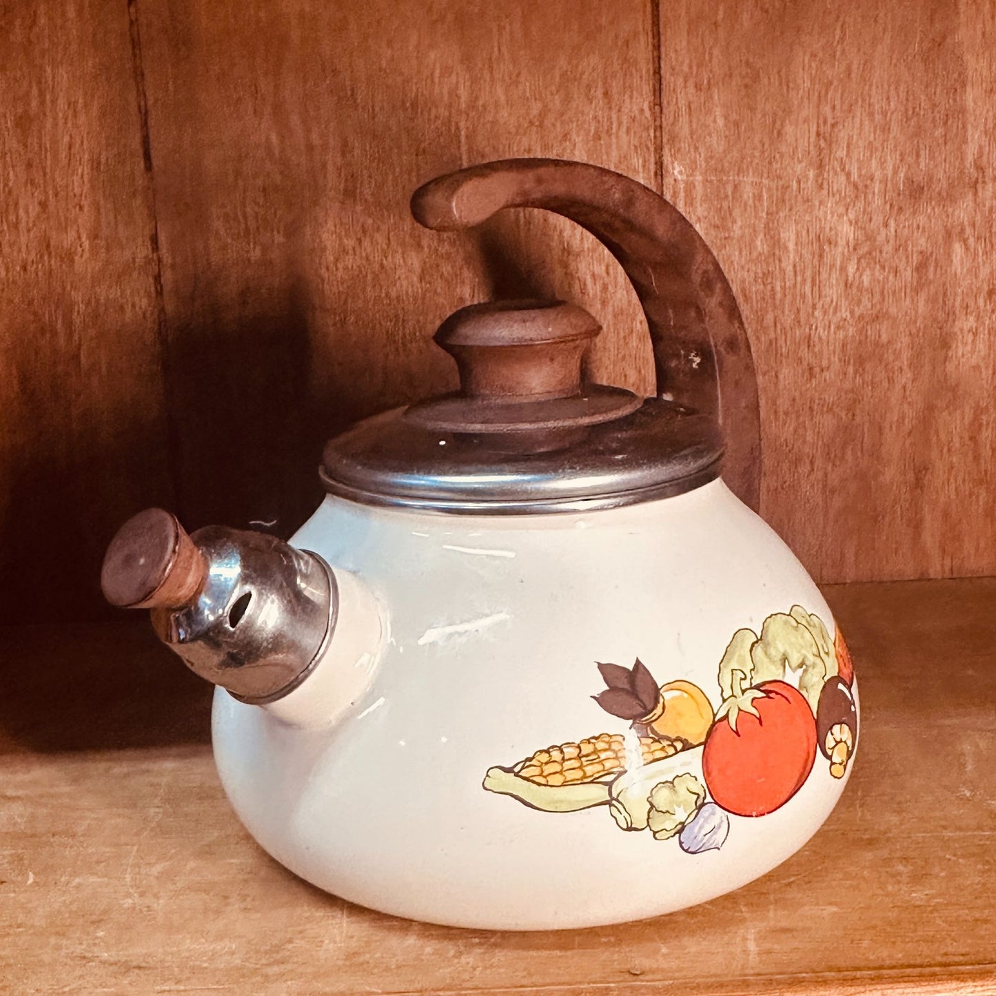 Sears Enamel Tea Kettle Vintage 70s Harvest Vegetable Whistling Tea Pot Retro