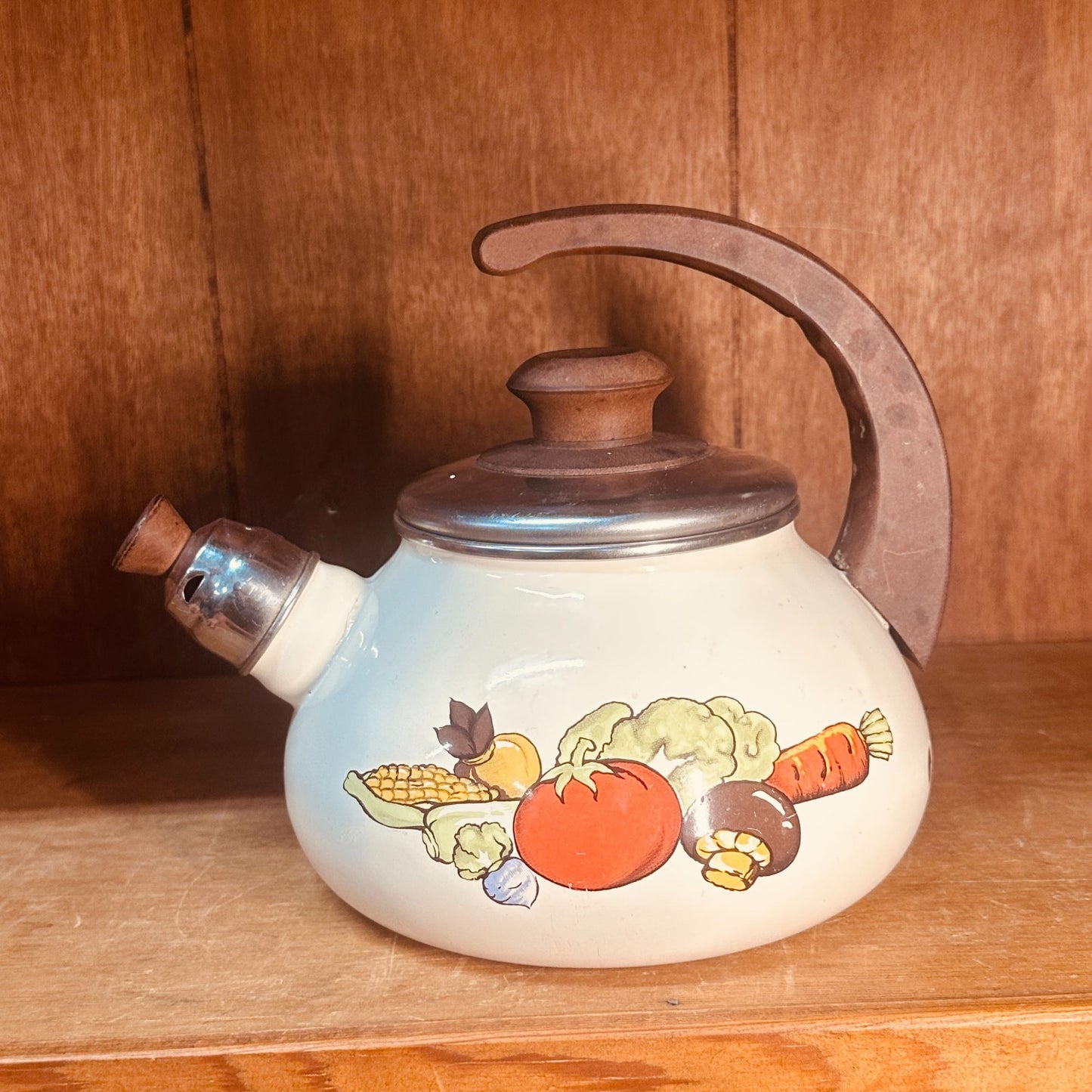Sears Enamel Tea Kettle Vintage 70s Harvest Vegetable Whistling Tea Pot Retro