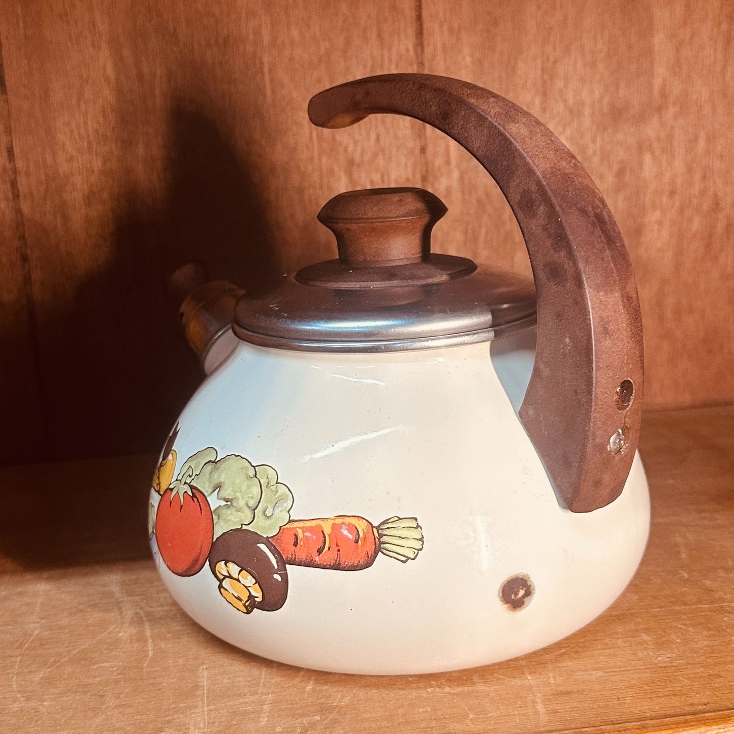 Sears Enamel Tea Kettle Vintage 70s Harvest Vegetable Whistling Tea Pot Retro