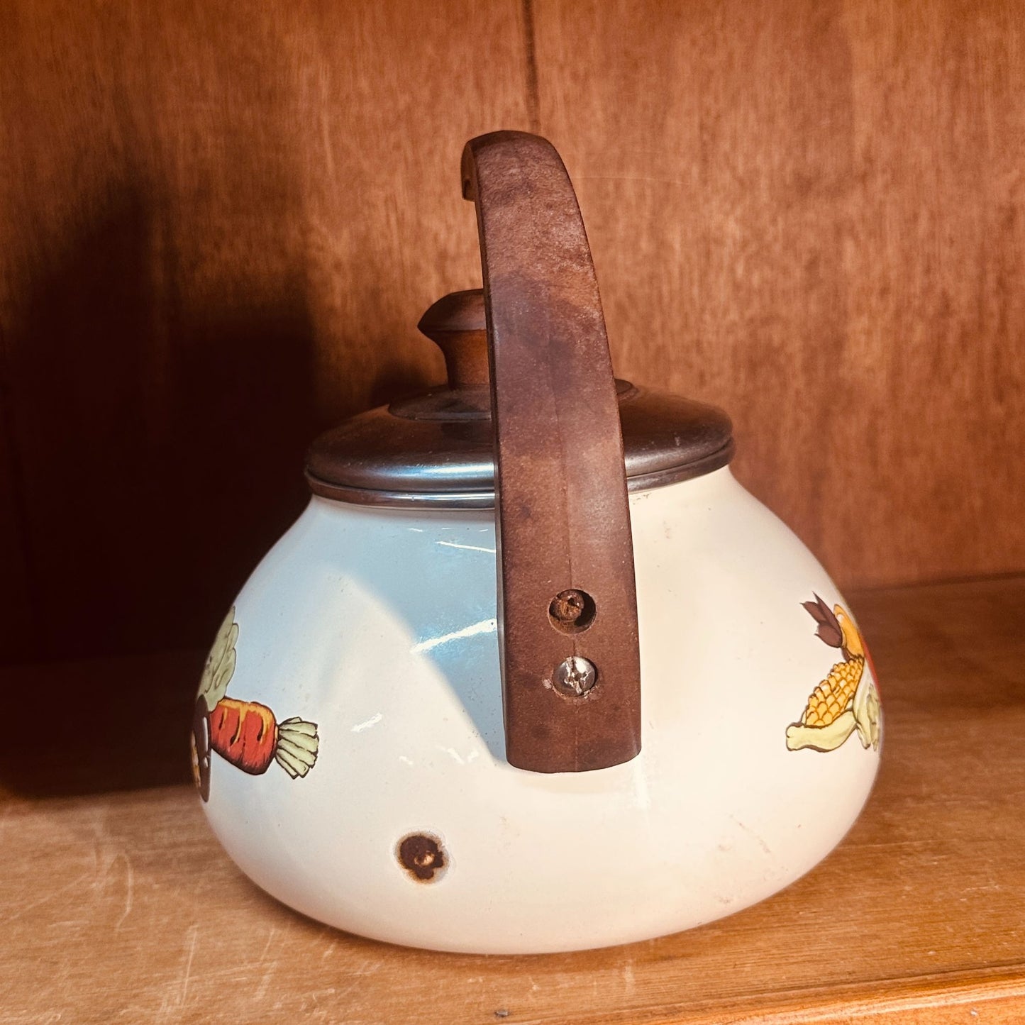 Sears Enamel Tea Kettle Vintage 70s Harvest Vegetable Whistling Tea Pot Retro