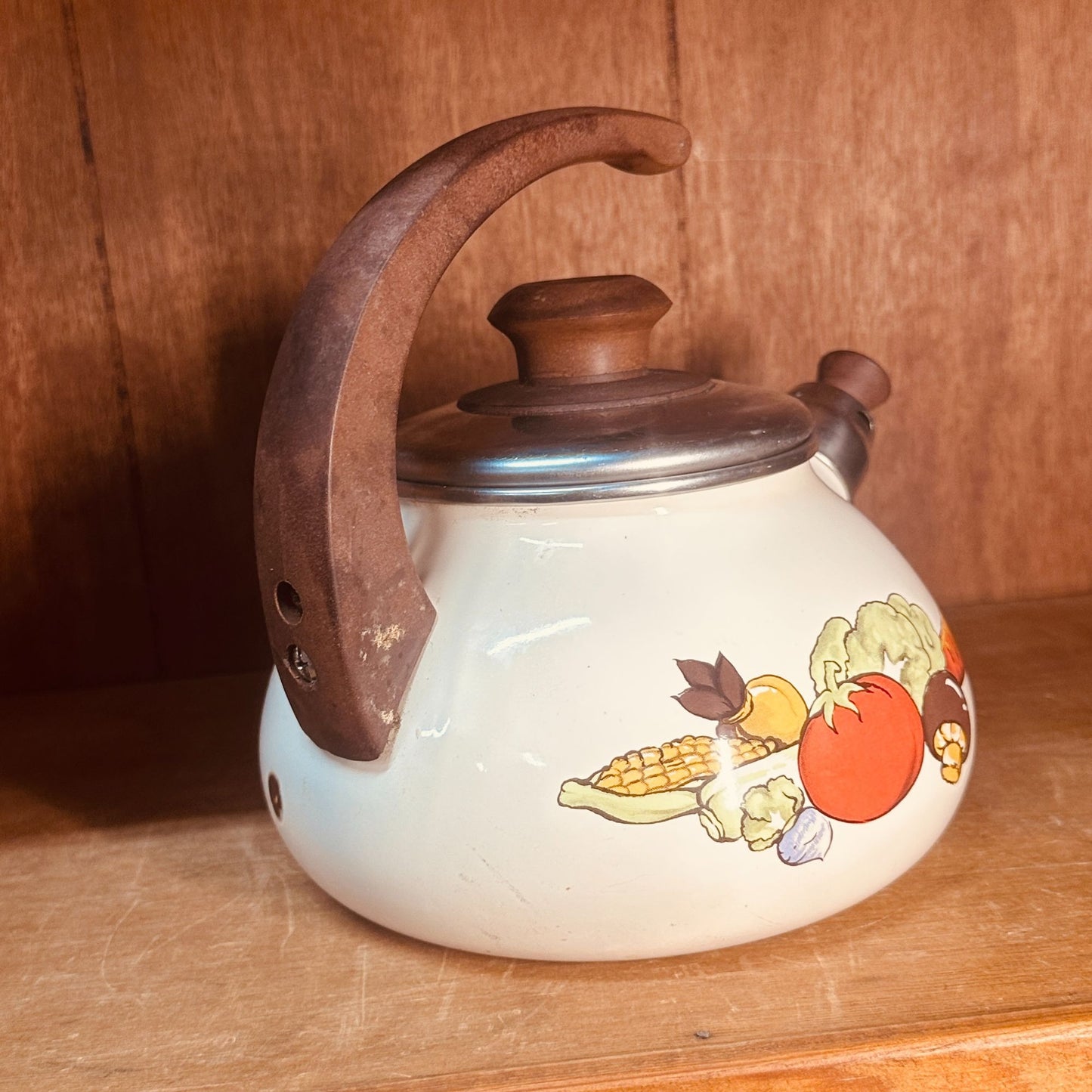 Sears Enamel Tea Kettle Vintage 70s Harvest Vegetable Whistling Tea Pot Retro