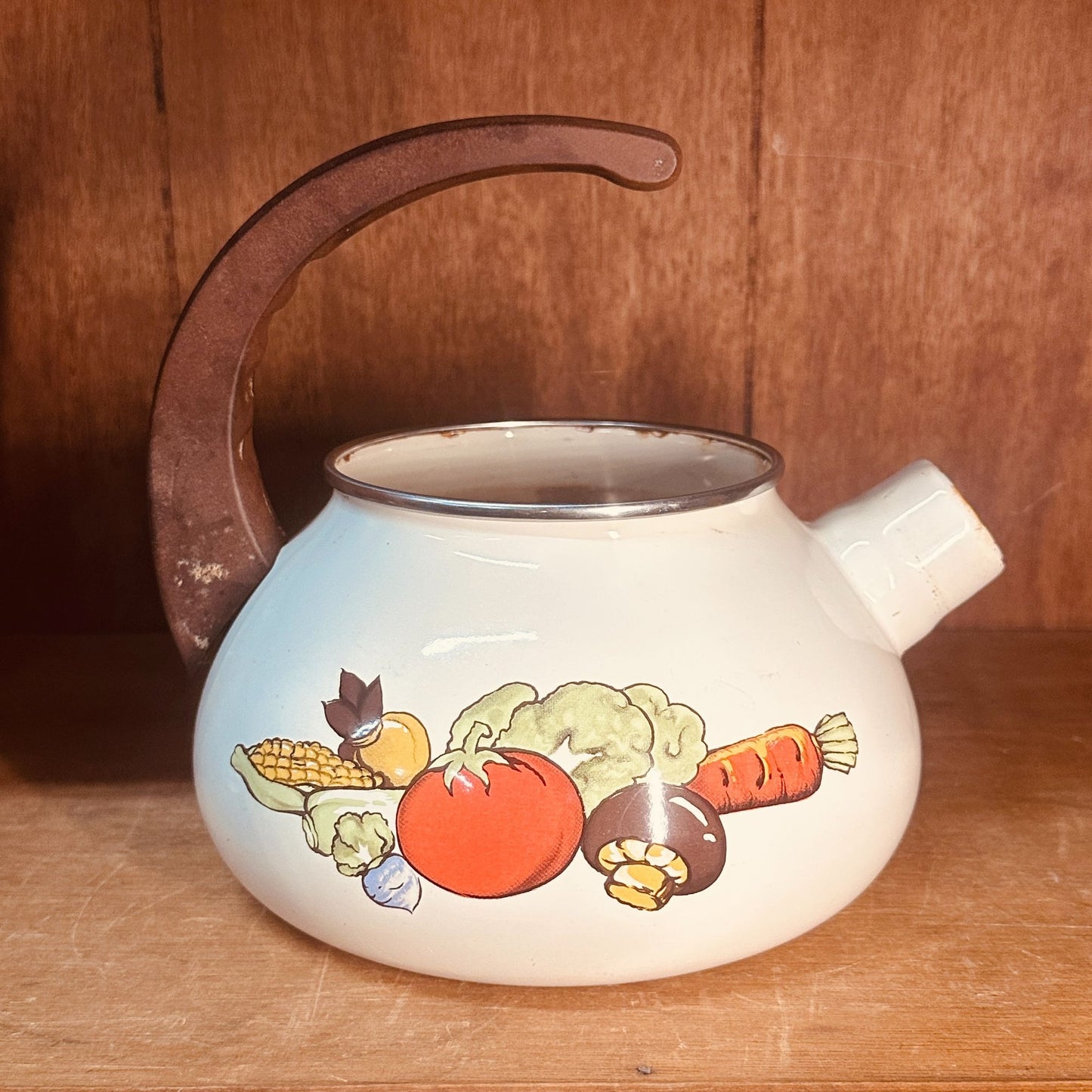 Sears Enamel Tea Kettle Vintage 70s Harvest Vegetable Whistling Tea Pot Retro