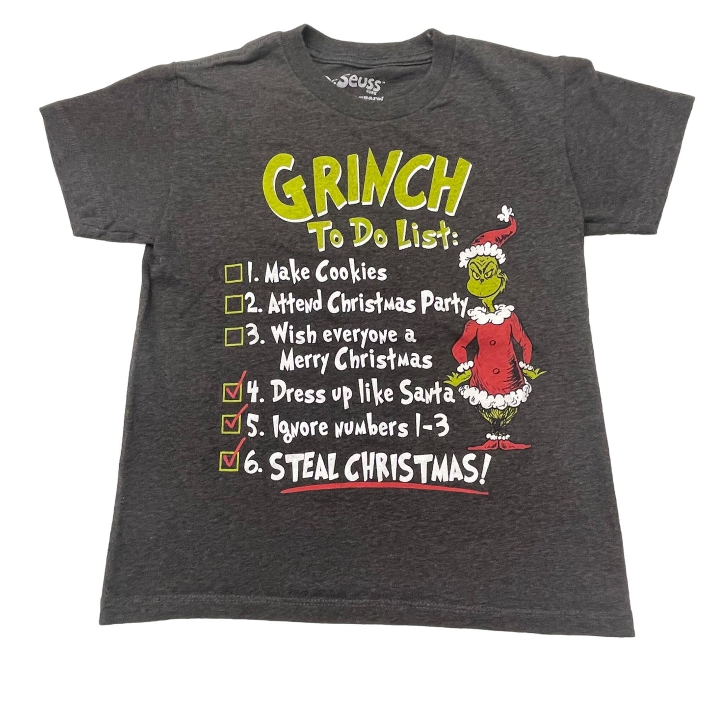 Dr. Suess, Youth XL Gray Grinch To Do List TShirt Graphic Print Short Sleeve