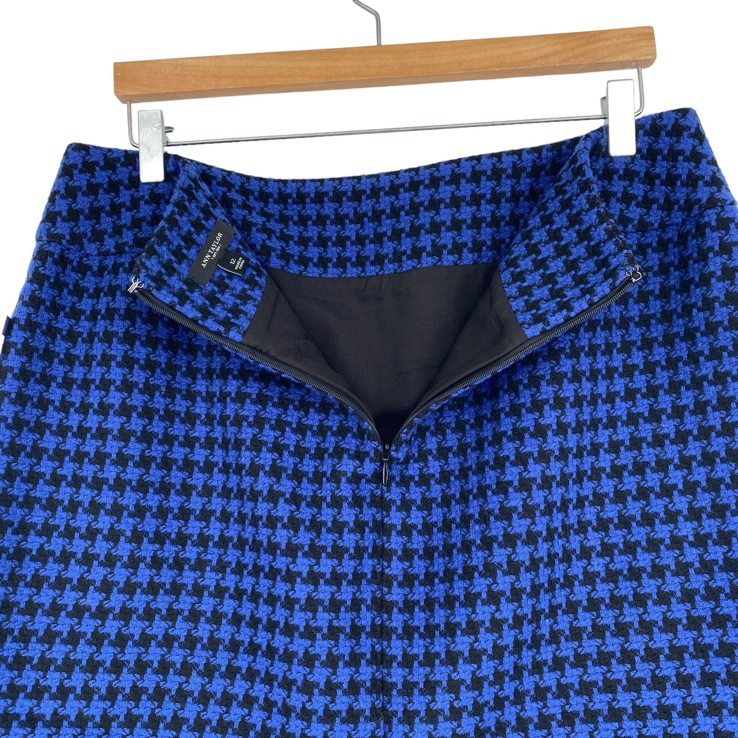 Ann Taylor 12 Blue Houndstooth Pencil Skirt Wool Blend Lined Career Office