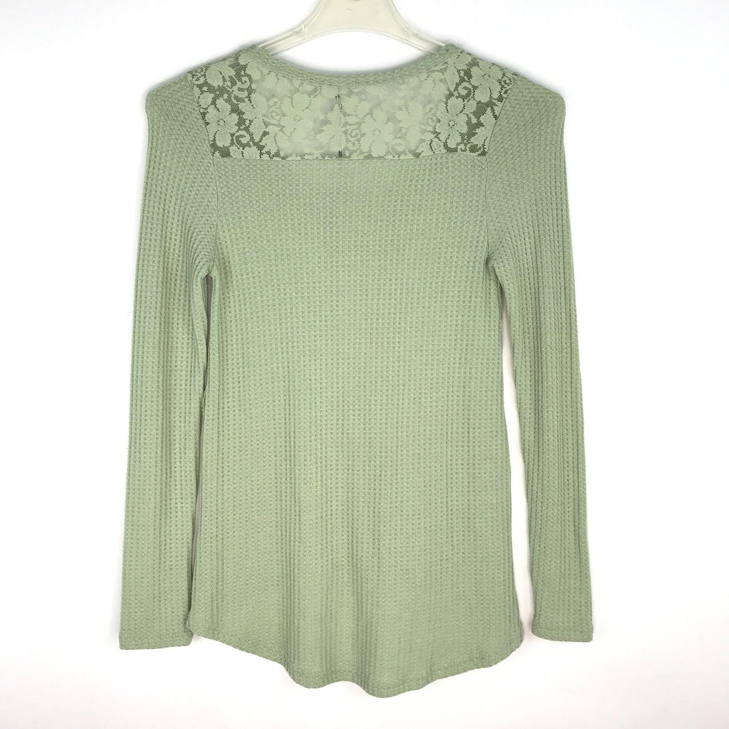 NWT Poof S Sage Green Boho Top Waffle Knit Lace Long Sleeve Round Neck High Low