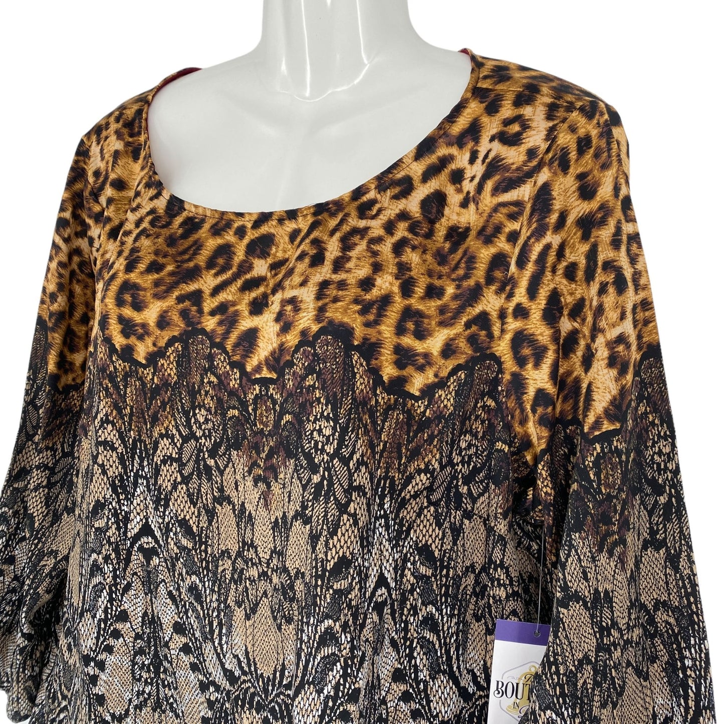 Ann Taylor Womens XL Cheetah Print Damask Blouse Long Sleeve Round Neck Flowy