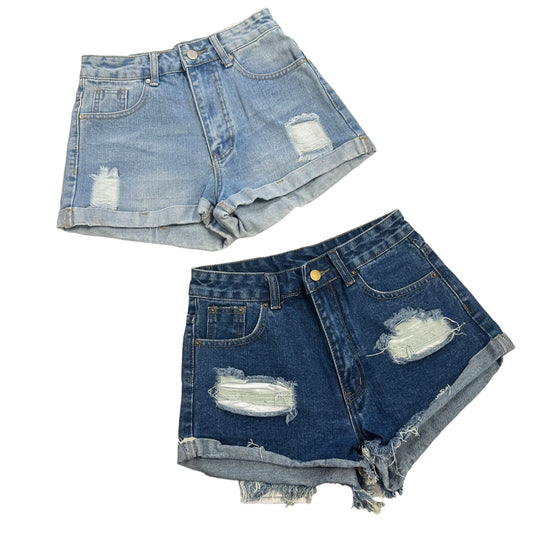 SHEIN Womens XS Blue Jean Shorts High Rise Distressed Ripped Cuffed - Lot of 2